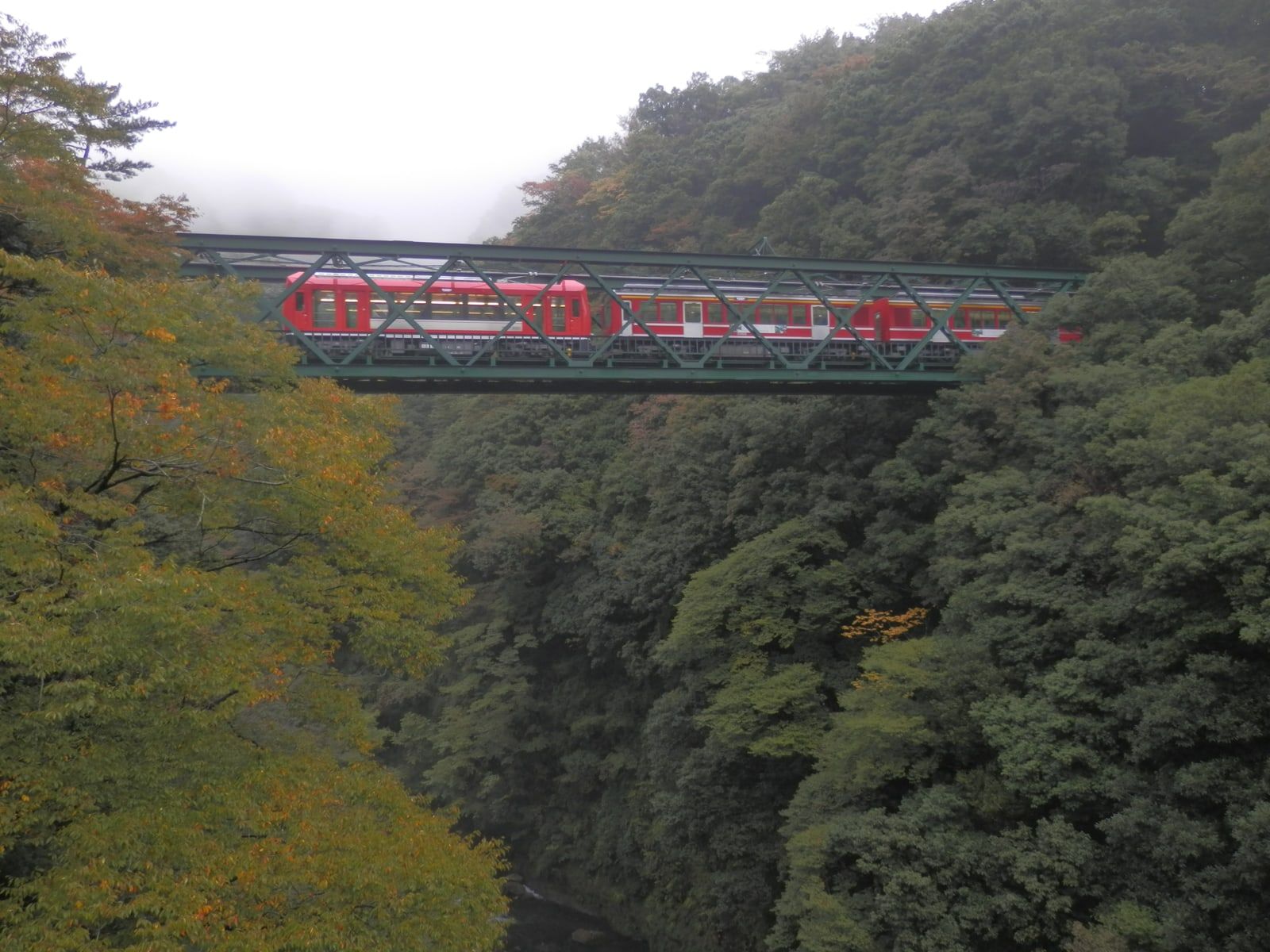 A red Hakone Tozan train crossing a steel truss bridge high above a wooded valley